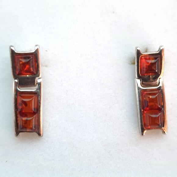 Vintage Genuine Baltic Cognac Amber Three Stone 925 Sterling Silver Stud Earring - Picture 5 of 9